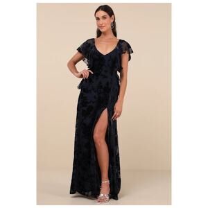 NWT Lulus Romantic Wonder Navy Burnout Velvet Ruffled Tie-Back Maxi Dress Size S